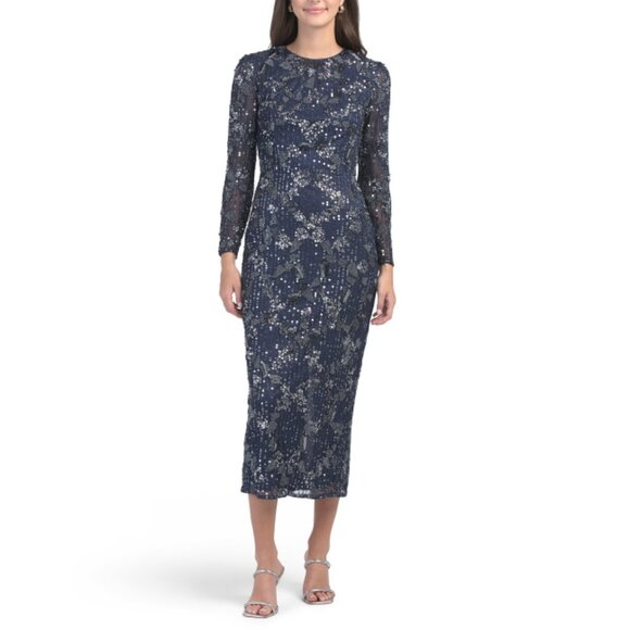 MAC DUGGAL midnight Long Sleeve Beaded Tea Length Dress